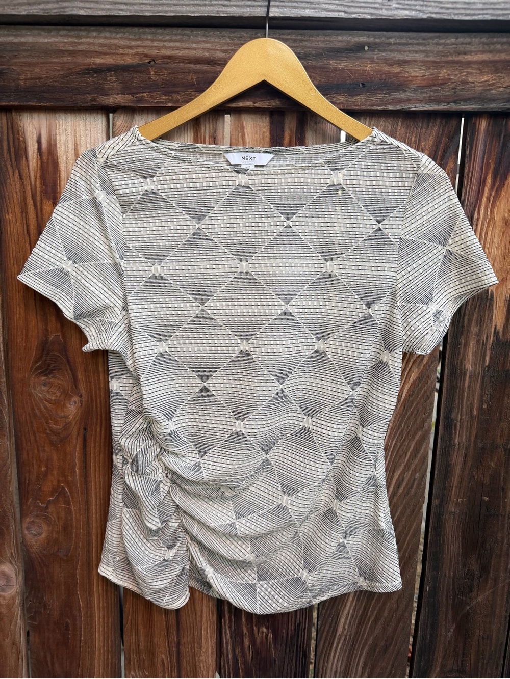 NEXT Geometric Harlequin Mesh Ruched Side Boat Neck Top Blouse 
Size: US 8